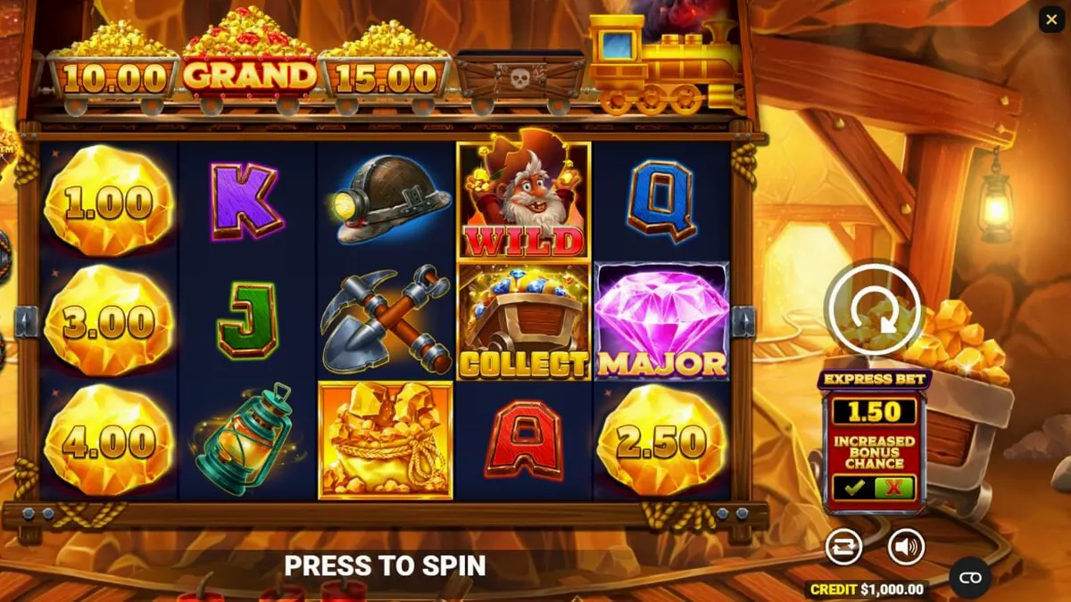 Tampilan visual mesin slot Gold Strike Express dengan tema tambang emas