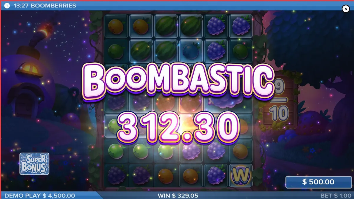 Tampilan layar permainan slot Boomberries dengan simbol buah-buahan dan latar belakang desa dongeng.